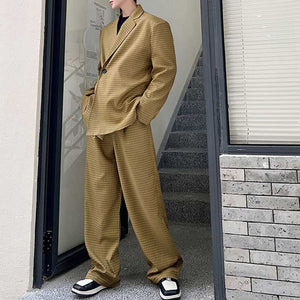 Retro Khaki Check Simple Blazer And Pant Set