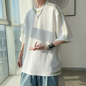 Contrast Stitching Crew Neck 3/4 Sleeves Top