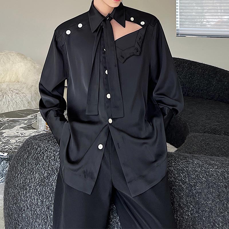 Hollow Tie Contrast Buttons Long Sleeve Shirt