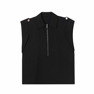 Solid Sleeveless Half Zip Lapel Tank Top