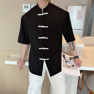 Retro Button Stand Collar Short Sleeve Shirt