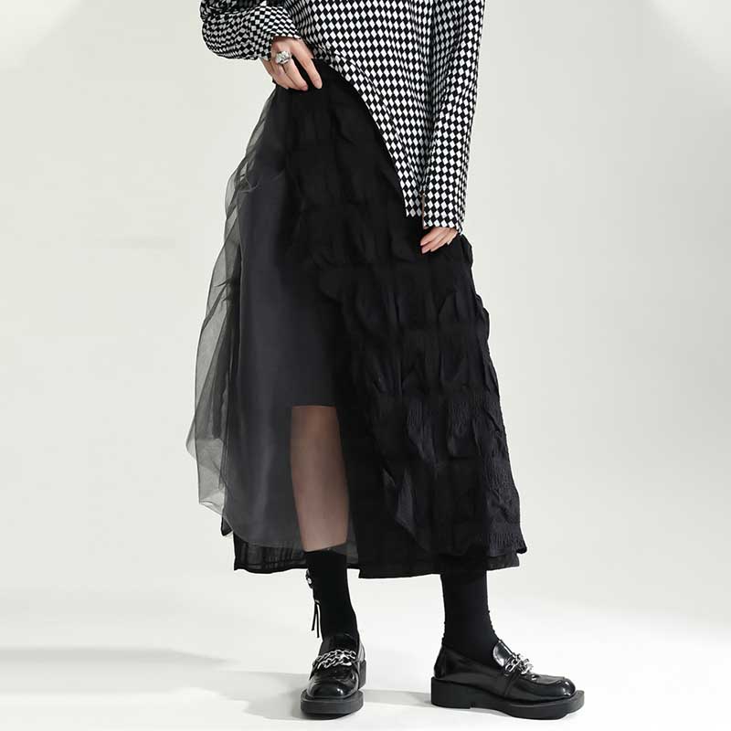 Contrast Color Stitching Mesh Pleated A-line Skirt