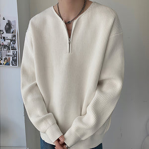 Zippered V-Neck Loose Knit Sweater