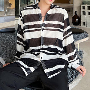 Thin Color Contrast Stripe Hollow Shirt