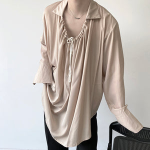 Drawstring Lapel Long Sleeve Loose Shirt