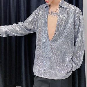 Vintage Deep V-neck Sequined Shirt