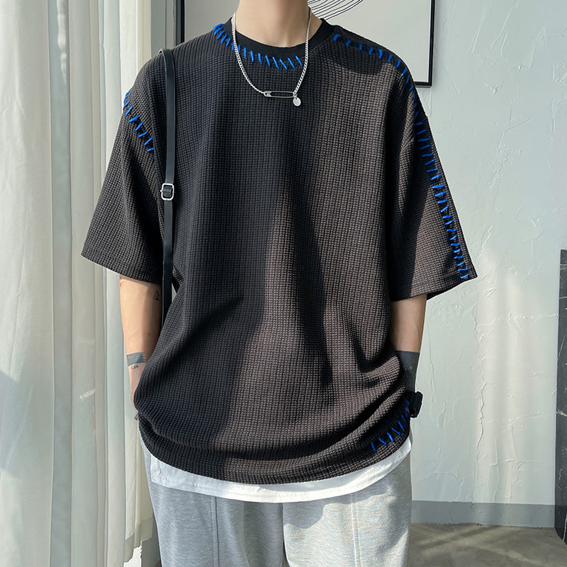 Contrast Stitching Crew Neck 3/4 Sleeves Top