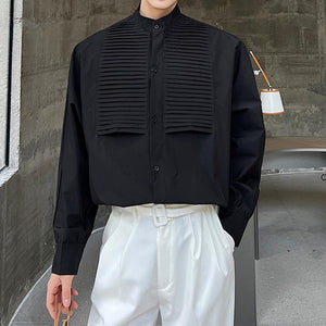 Vintage Stand Collar Pleated Trim Shirt