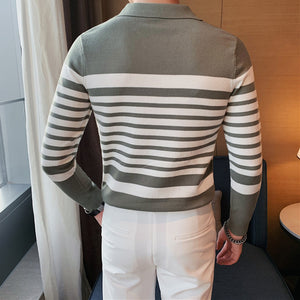 Striped Long-sleeve Knitted Polo Shirt