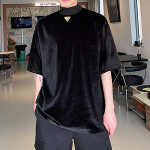 Metallic Stand Collar Half Sleeve Velvet T-Shirt