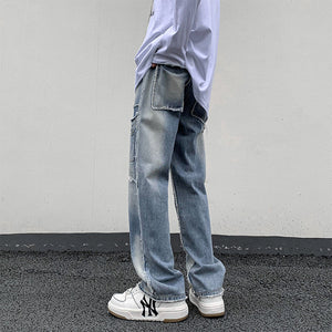 Straight Leg Loose Fit Frayed Wash Jeans