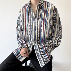 Vintage Stripe Print Lapel Long Sleeve Shirt