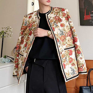 Vintage Flower Jacquard Collarless Jacket