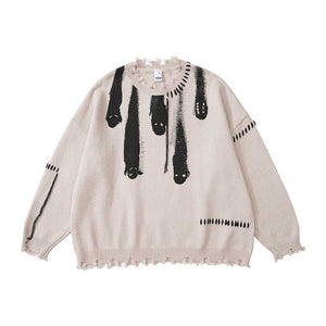 Printed Crew Neck Fringe Knit Sweater