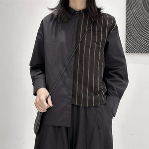 Striped Irregular Stitching Stand Collar Shirt