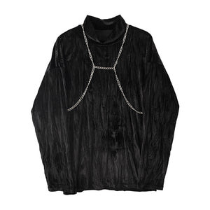 Pleated Velvet Half Turtleneck Metal Chain Top