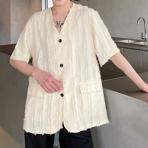 Fringed V-Neck Short Sleeve Shirt