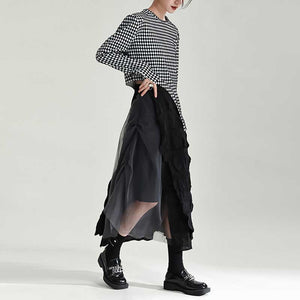 Contrast Color Stitching Mesh Pleated A-line Skirt