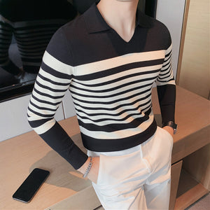 Striped Long-sleeve Knitted Polo Shirt