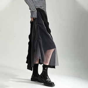 Contrast Color Stitching Mesh Pleated A-line Skirt