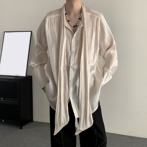 Solid Color Pleated Ribbon Casual Shirt