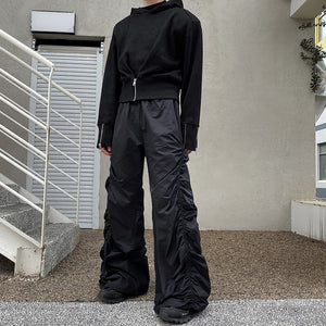 Dark Elastic Pleated Floor-length Trousers