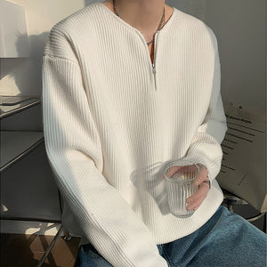 Zippered V-Neck Loose Knit Sweater