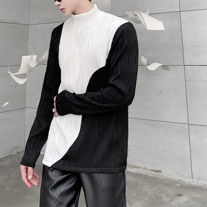 Textured Contrast Stand Collar Long Sleeve T-Shirt