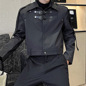 Metal Leather Buttoned Lapel Collar Short Jacket