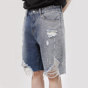 Straight Ripped Five Points Denim Shorts