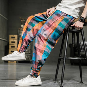 Cotton Linen Plaid Loose Casual Pants