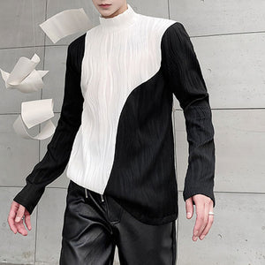 Textured Contrast Stand Collar Long Sleeve T-Shirt