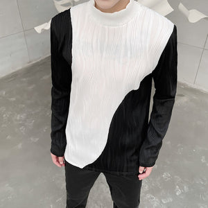 Textured Contrast Stand Collar Long Sleeve T-Shirt