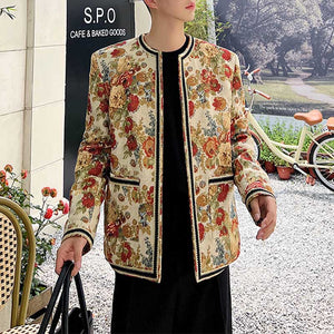 Vintage Flower Jacquard Collarless Jacket