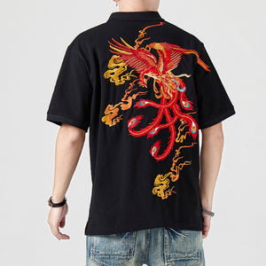 Phoenix Embroidered Short Sleeve Lapel T-Shirt