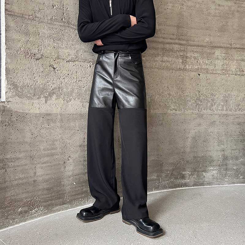 Contrast Color Leather Straight Leg Pants