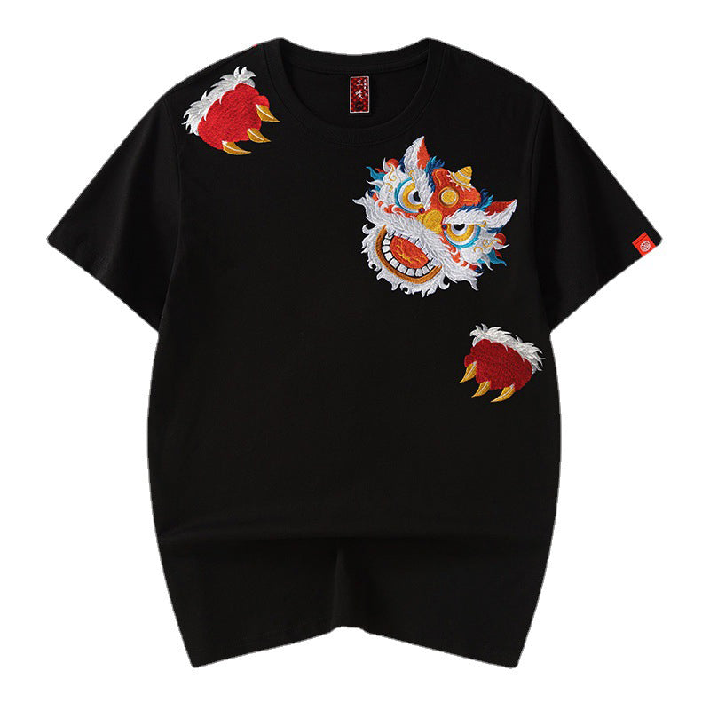 Lion Embroidered Crew Neck Short Sleeve T-Shirt