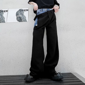 Denim Panel Casual Wide Leg Pants