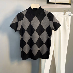 Half Turtleneck Short Sleeve Knit Plaid T-Shirt