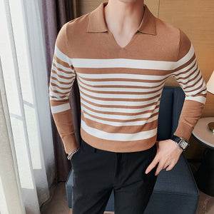 Striped Long-sleeve Knitted Polo Shirt