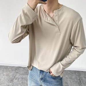 Buttoned Solid Long-sleeved T-shirt