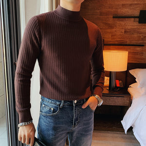 Mid-Neck Striped Slim Fit Knit Top