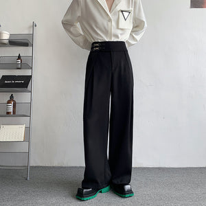 Casual Wide-leg Pants with Belt Metal Buckle