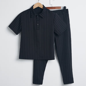 Slim Fit Striped Short Sleeve POLO Top Cropped Pants Set