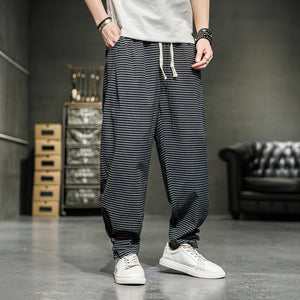 Cotton Linen Plaid Loose Casual Pants