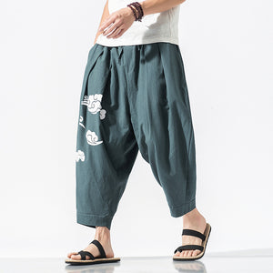 Cotton Linen Print Loose Ninth Pants