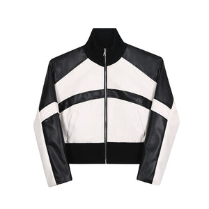 Black and White Stitching PU Leather Short Jacket