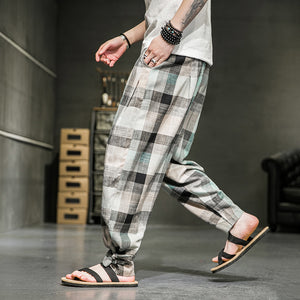 Cotton Linen Plaid Loose Casual Pants