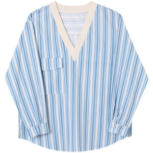 Blue Striped V-Neck Pullover Top