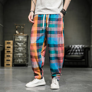 Cotton Linen Plaid Loose Casual Pants